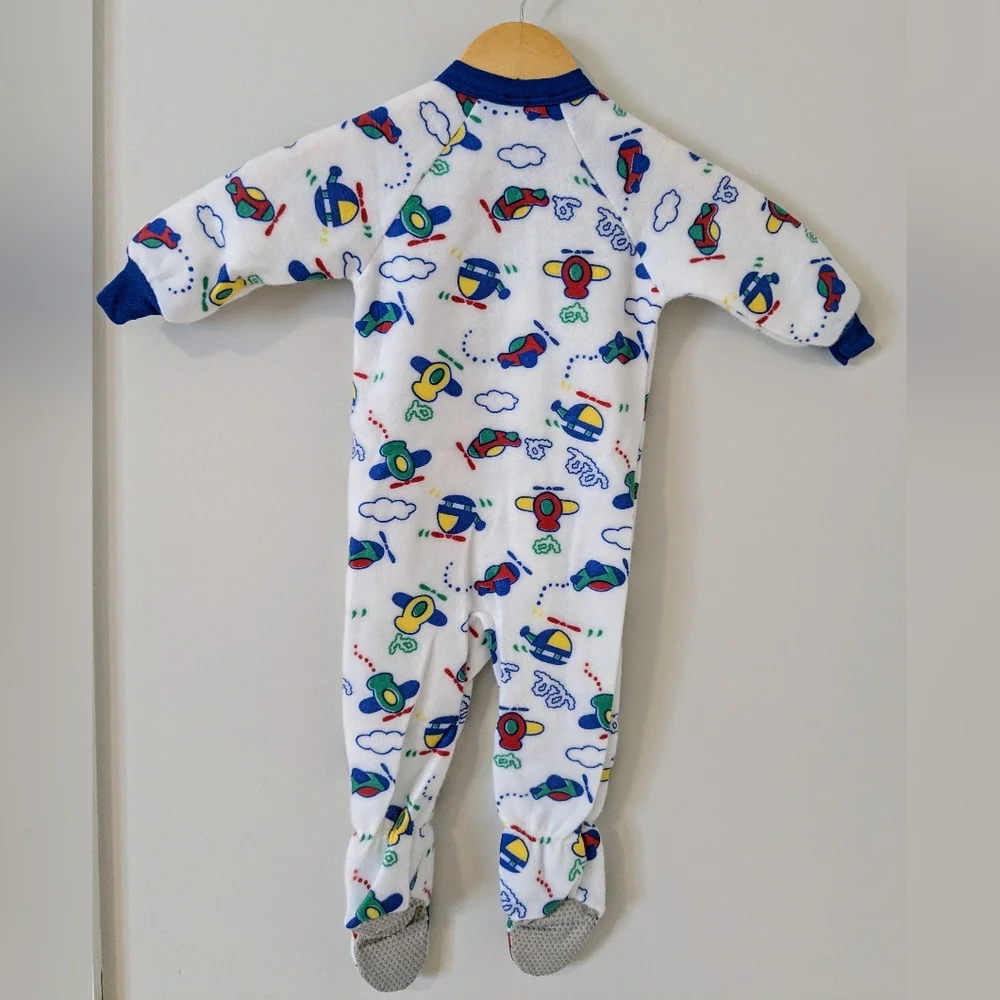 Vintage Carter's Airplane Cloud Helicopter Print 80s Fleece Pajamas Size 18M